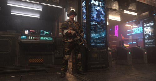 Checkpoint 3D environment with a standing guard