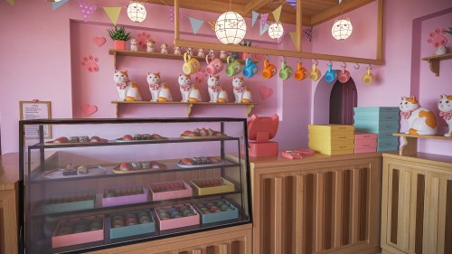 Counter area of a kawaii Japanese 3D cafe